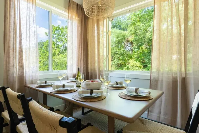 Cozy dining nook with seating for seven—perfect for family meals or game nights.