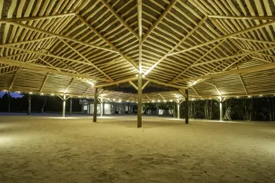 The tiki lit up at night for events!