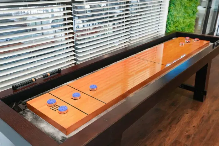 Get ready for endless hours of fun with our amazing shuffleboard! Perfect for family game night or a fun-filled evening with friends, this classic game is sure to bring everyone together for some friendly competition.