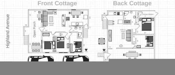 Both Cottages floor plan - room for two cars in the driveway with addtl parking at our neighbors. Please message us for details.
