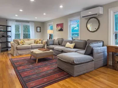 New grey sectional sofa! Mini split heating and cooling, smart TV, and Sonos sound bar make this the perfect family room!
