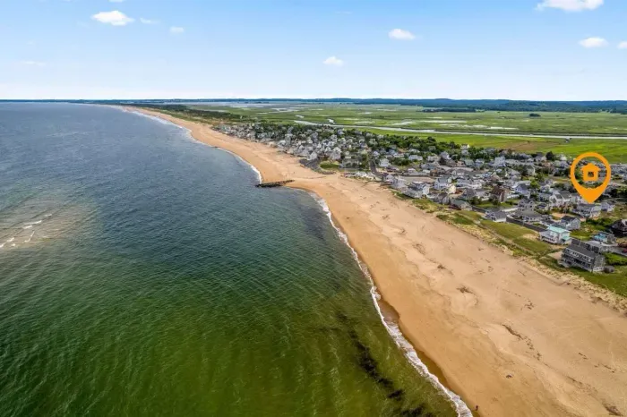 An aerial view of Plum Island with the location of "It's All Good"