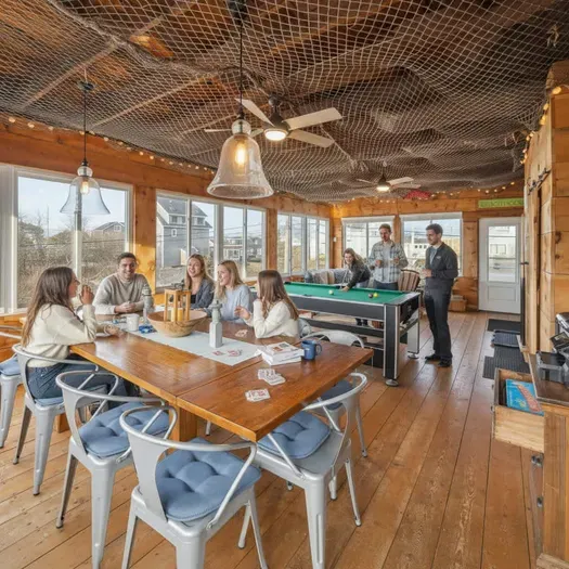 The closed in porch - this area is heated and cooled with it's own mini-split system. There is a pool/air hockey table, seating for 10 at the table, and another seating area with a sectional and chairs