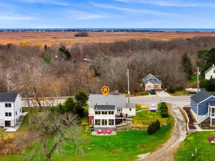 Aerial view, home overlooking the private organic produce farm