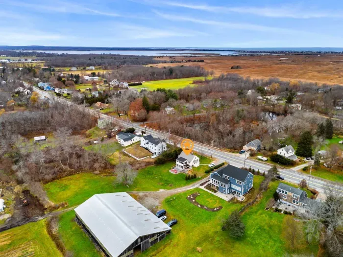 Aerial view, home overlooking the private organic produce farm