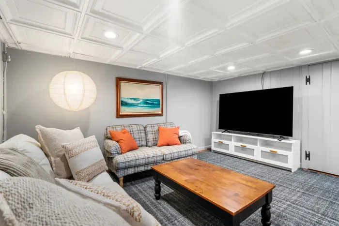 Large basement living room with TV