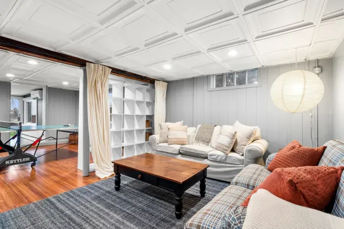 Basement TV room with three-seater couch and a love seat