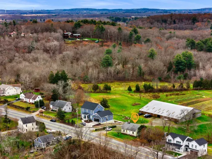 Aerial view, home overlooking the private organic produce farm

