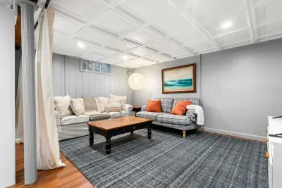 Basement TV room with three-seater couch and a love seat
