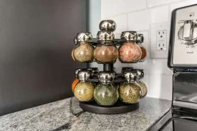 Variety of spices in a spice rack
