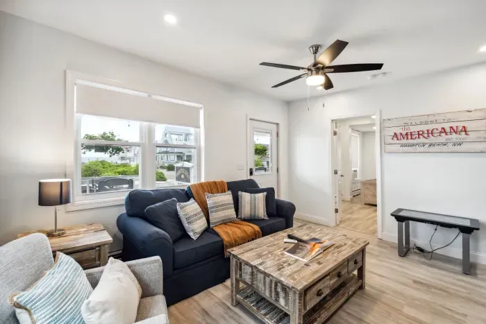 Cozy and spacious living room with smart TV and game table (fireplace inoperable)