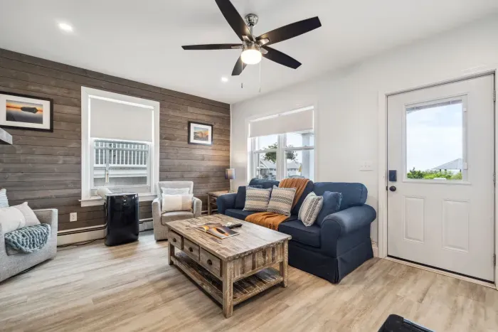 Cozy and spacious living room with smart TV and game table (fireplace inoperable)