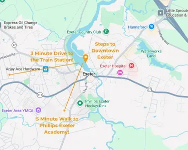 Kimball Island is located in the heart of Downtown Exeter! 5 minute walk to Phillips Exeter Academy, 3 minute drive to the train station, and a 20 minute car ride to NH beaches!