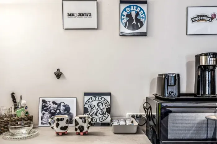Ben & Jerry - Kitchenette area features complimentary coffee, creamer and sugar, as well as a mini-fridge, toaster and microwave.