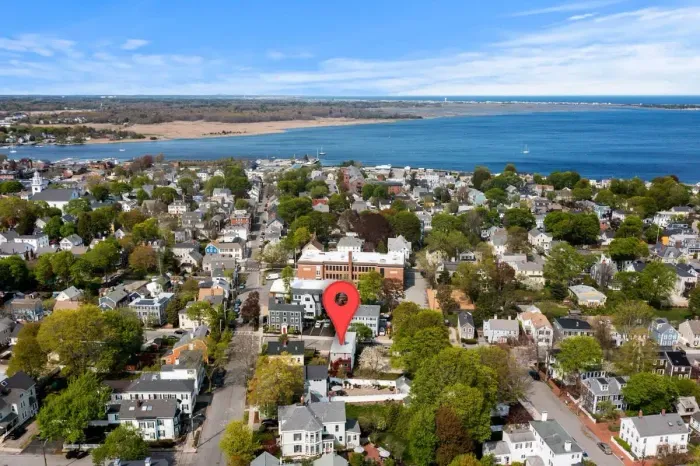 Aerial view -- Steps to Newburyport's water front, short walk to State Street and the Rail Trail. 3 miles to Plum Island.