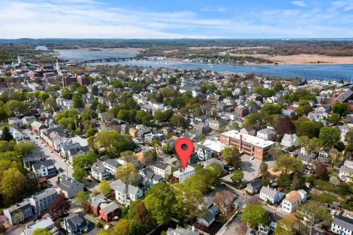 Aerial view -- Steps to Newburyport's water front, short walk to State Street and the Rail Trail. 3 miles to Plum Island.