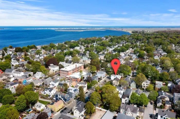 Aerial view -- Steps to Newburyport's water front, short walk to State Street and the Rail Trail. 3 miles to Plum Island.