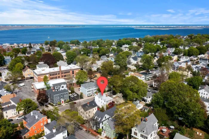 Aerial view -- Steps to Newburyport's water front, short walk to State Street and the Rail Trail. 3 miles to Plum Island.