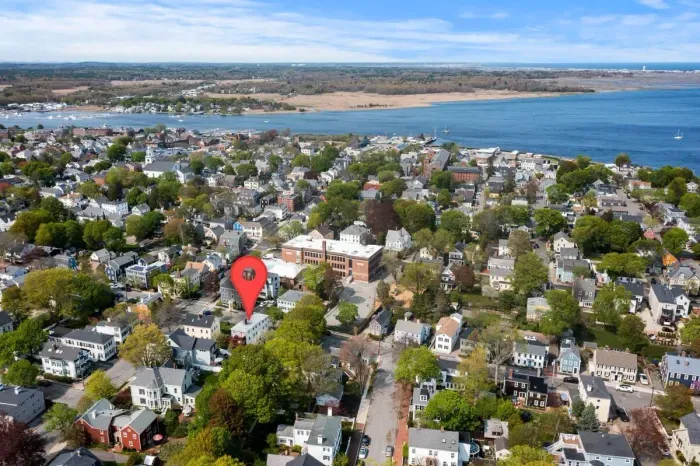 Aerial view -- Steps to Newburyport's water front, short walk to State Street and the Rail Trail. 3 miles to Plum Island.