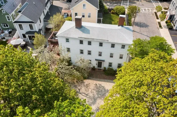 Aerial view -- Steps to Newburyport's water front, short walk to State Street and the Rail Trail. 3 miles to Plum Island.