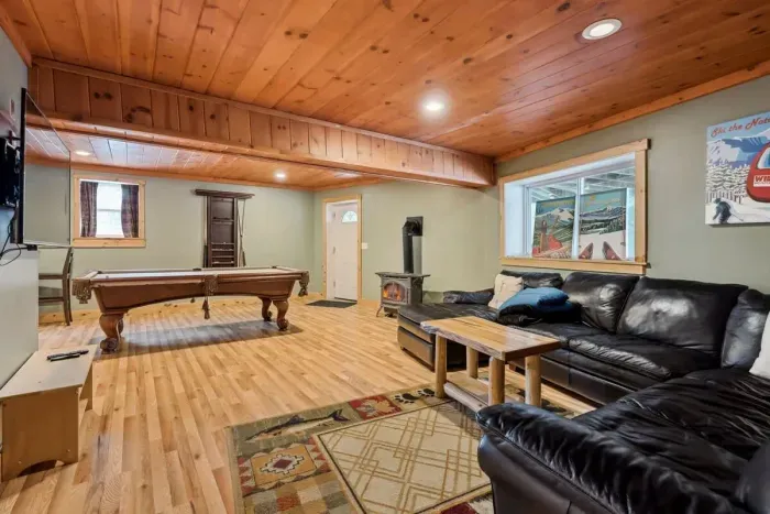 Triple the fun with foosball, pool table, and dart board.