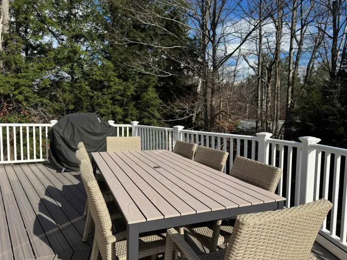 Close up of the brand new 8 person outdoor dining table. Perfect for warm summer evenings