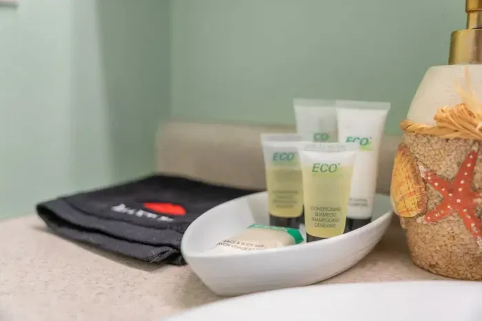 soaps, shampoo, make up towel