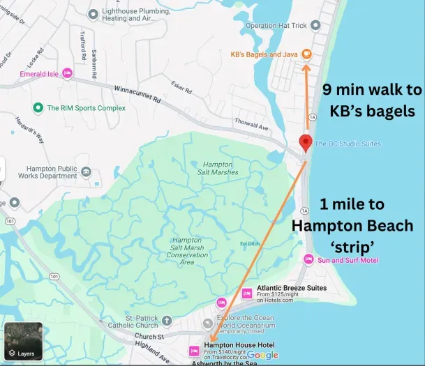 Check out KB's bagels and the strip is just a mile away! There is a sidewalk all the way to the Hampton Beach 'strip'