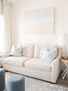 The pullout sofa is a double size. It is best suited for kids. Clean linens provided