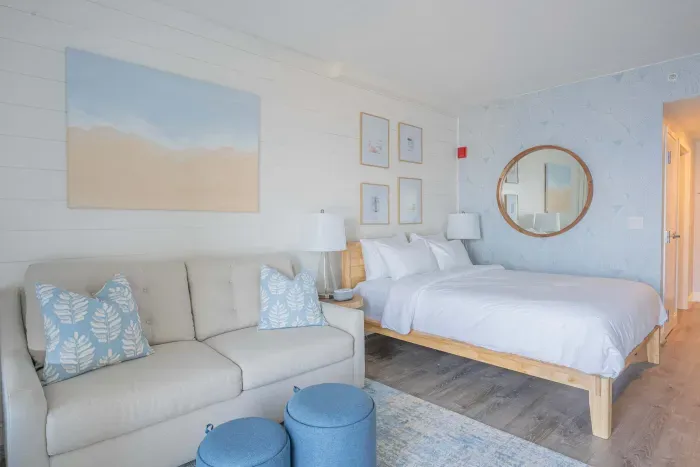 Studio layout with fully equipped kitchenette, Queen bed with clean linens provided, double pull out sofa best suited for kids, and full bathroom - clean towels provided for all guests