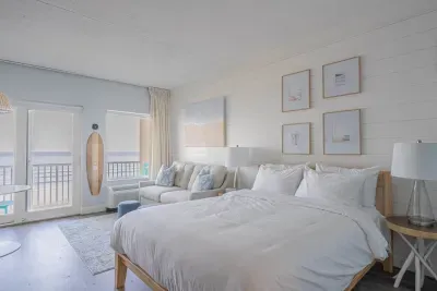 Studio layout with fully equipped kitchenette, Queen bed with clean linens provided, double pull out sofa best suited for kids, and full bathroom - clean towels provided for all guests