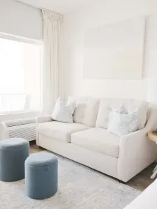 The pullout sofa is a double size. It is best suited for kids. Clean linens provided