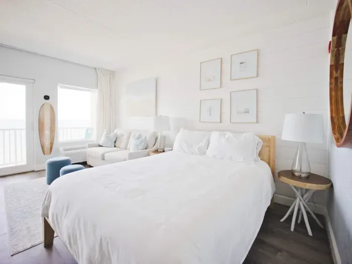 Studio layout with fully equipped kitchenette, Queen bed with clean linens provided, double pull out sofa best suited for kids, and full bathroom - clean towels provided for all guests