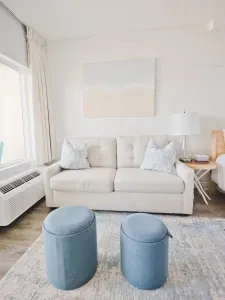 The pullout sofa is a double size. It is best suited for kids. Clean linens provided