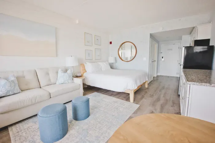 Studio layout with fully equipped kitchenette, Queen bed with clean linens provided, double pull out sofa best suited for kids, and full bathroom - clean towels provided for all guests