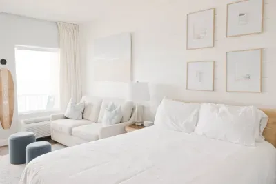 Studio layout with fully equipped kitchenette, Queen bed with clean linens provided, double pull out sofa best suited for kids, and full bathroom - clean towels provided for all guests