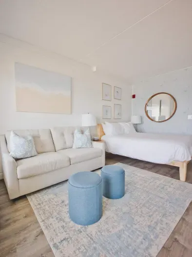 The pullout sofa is a double size. It is best suited for kids, clean linens provided. Queen bed with clean linens provided as well