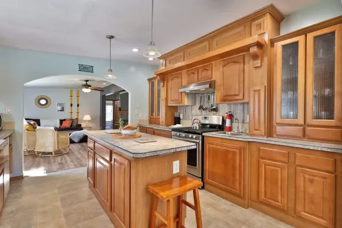 Open concept kitchen that runs right into the living room and dining area