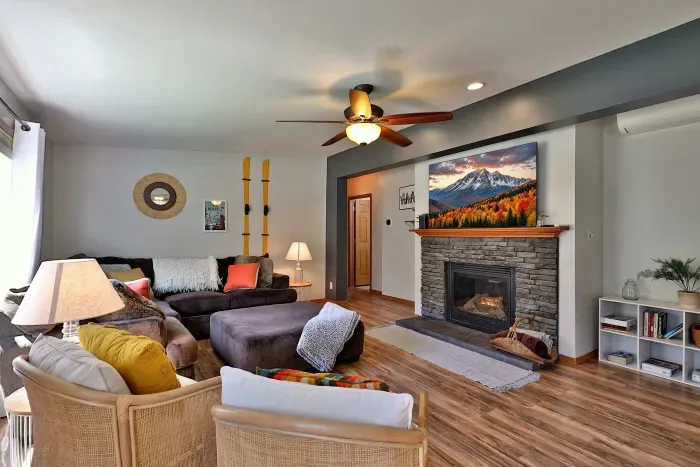 Warm up by the fireplace and watch a movie on our 65" Roku TV