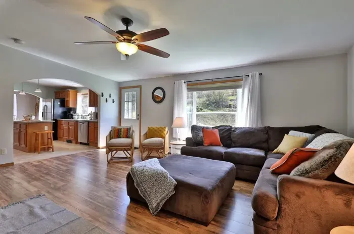 Warm up by the fireplace and watch a movie on our 65" Roku TV