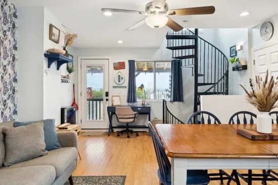 PLEASE READ: spiral staircase is the only access to the upstairs AND downstairs bedrooms. If a member of your party has mobility challenges this property may not be the best fit.