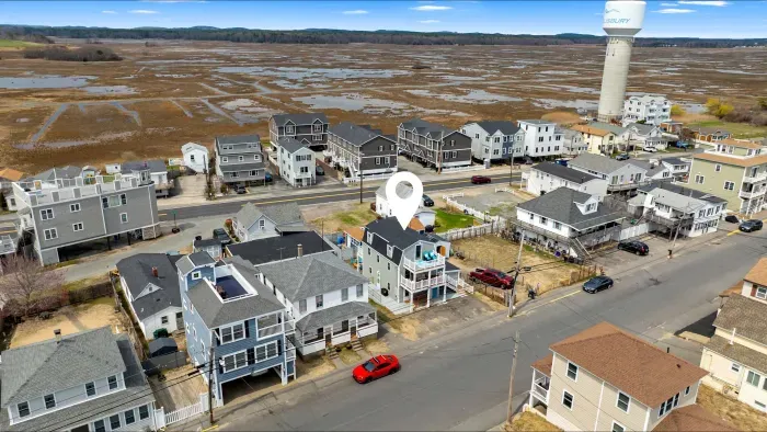 Aerial photo of our property, 1 block to the nearest public beach access and 3 blocks to the Salisbury Center.