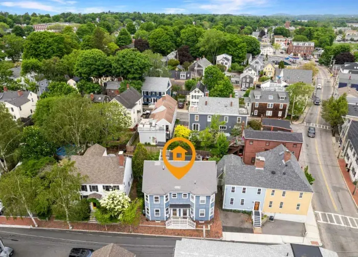 Aerial view of home, steps to Merrimack River, parks, trails and downtown Newburyport's top attractions.