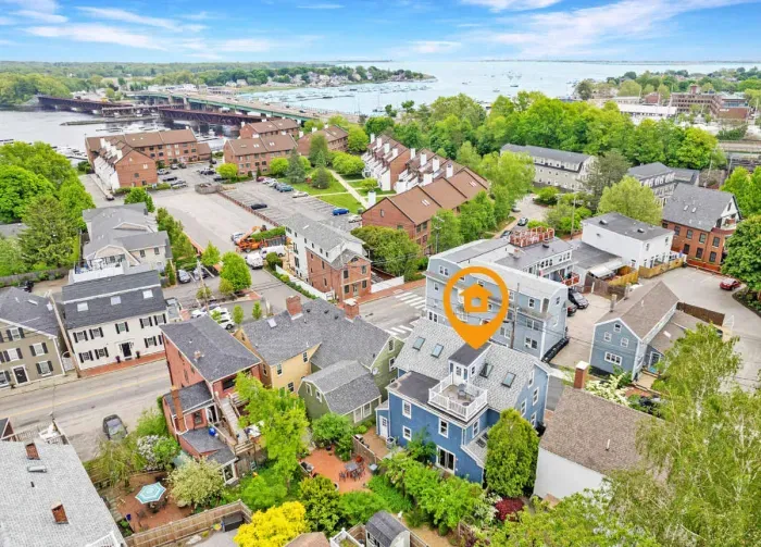 Aerial view of home, steps to Merrimack River, parks, trails and downtown Newburyport's top attractions.