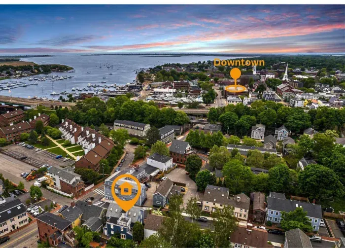 Aerial view of home, steps to Merrimack River, parks, trails and downtown Newburyport's top attractions.