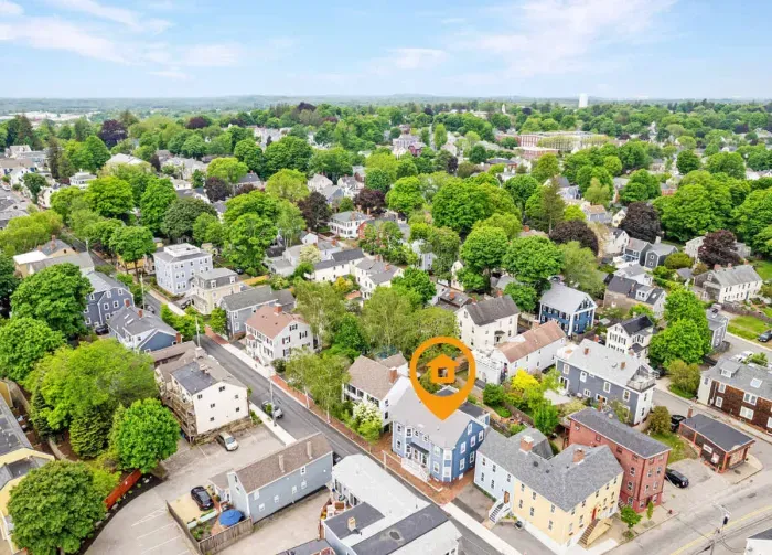 Aerial view of home, steps to Merrimack River, parks, trails and downtown Newburyport's top attractions.