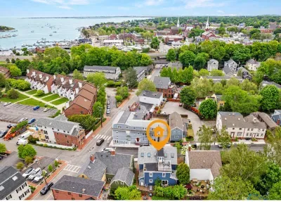 Aerial view of home, steps to Merrimack River, parks, trails and downtown Newburyport's top attractions.
