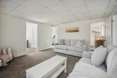 The downstairs living room! With 2 comfy couch and a large smart TV. Please note the fireplace is inoperable