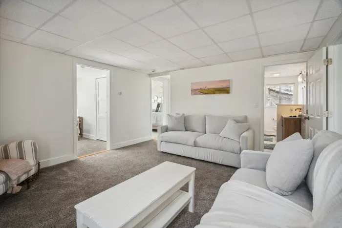 The downstairs living room! With 2 comfy couch and a large smart TV. Please note the fireplace is inoperable