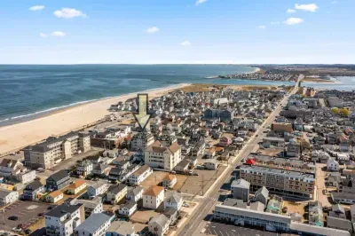 Aerial view of our condo, just steps to the beach, boardwalk and top attractions.
